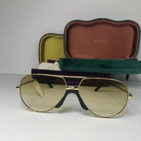 New Original Gucci Gold Tone/Yellow Gradient GG0432S Aviator Sunglasses - Picture 7 of 13